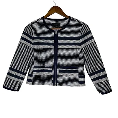 J Crew Navy Blue White Striped Full Zip Tweed Cropped Jacket Size 2P Women's • $35