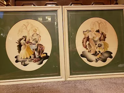 Pair Midcentury Rare Vintage Art By Artist Benjamin Harris Watercolor Airbrush • $239