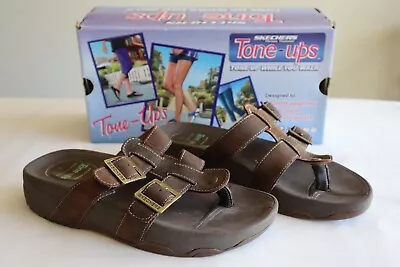 Skechers Tone Ups Brown Leather Slip On Sandals Buckles 46692 Women's Size 6 M • $15