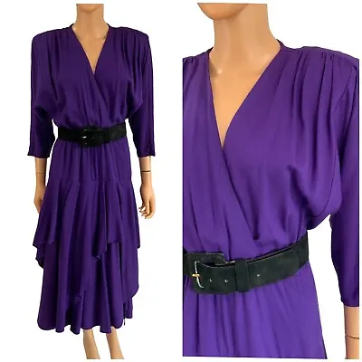 Vintage 90s Tiered Wrap Dress Purple Party Dress Secretary Career 3/4 Sleeve M • $37.50