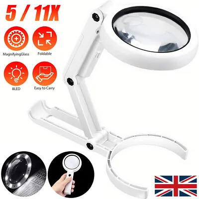 5X / 11X Magnifying Glass With Light 8 LED Lamp Magnifier Foldable Stand Table • £7.19