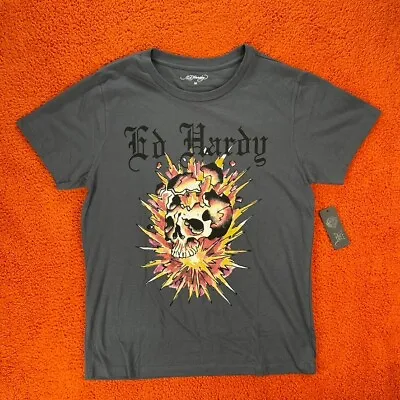 ED HARDY Designs T-Shirt Men's MEDIUM Graphic Tattoo Black Exploding Skull Y2K • $34.95