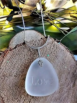 Engraved Inspirational  LOVE  White Sea Glass Pendant Snake Chain Necklace • $13.99