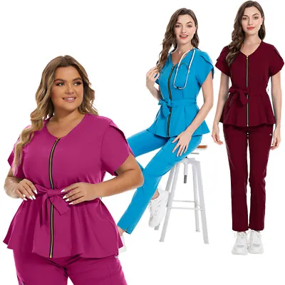 Stretch Nurse Clinic Spa Uniform Women Scrub Sets Retract Waist Straight Pants • $35.99