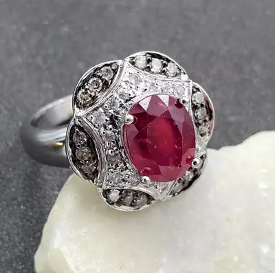 Designer Ruby Champagne & White Diamond 925 Sterling Silver Ring Size 9 VIDEO • $139.99