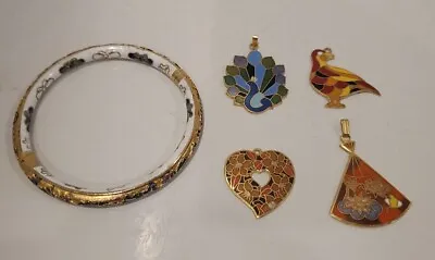 Vintage Estate Cloisonne Jewelry Lot Bracelet And 4 Pendants /Charms  • $29.99