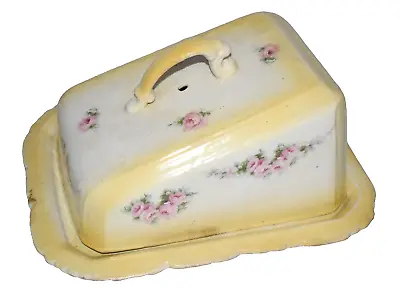 Antique Majolica Covered Cheese Dish Yellow W Delicate Pink Tea Rose Garlands • $29.99