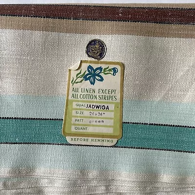 Vintage Farmhouse Kitchen Towel Brown Aqua Yellow Striped Linen Cotton Tea Towel • $17.99