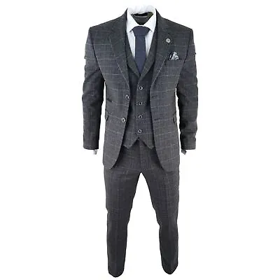 Mens Grey Tweed 3 Piece Suit Blue Check Vintage 1920s Blinders Tailored Fit • $222.32