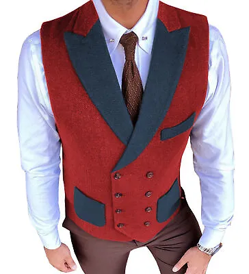 Xmas Mens Waistcoat Tweed Herringbone Vintage Retro Wool Blend Vest 44 46 48 50 • $29.85