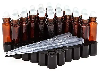 10ml Amber Glass Roll-on Bottles  Glass Roller Ball 24 Pk + 3 Droppers • $15.89