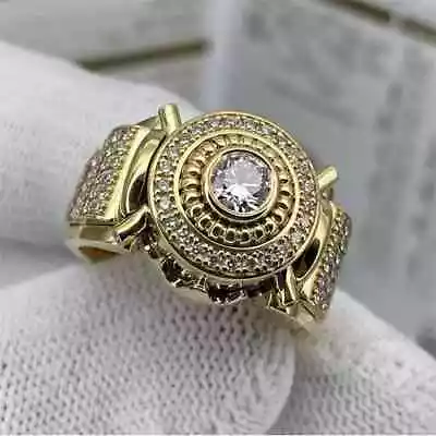 Vintage Classic Men's Gold Plated Silver Real Moissanite Round Cut Square Ring • $209.99