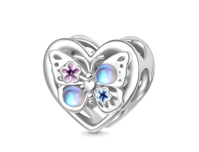 Sparkling Moonstone Butterfly Heart Charm For Bracelets S925 Sterling Silver • £8.99