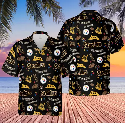 [SALE]pittsburgh Steelers Hawaiian Loose Shirt Throwback Logo Vintage  Gifts • $23.99