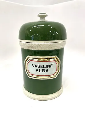 $10 • Buy French Green Ceramic Apothecary Jar 8.25  Tall “VASELINE ALBA.”