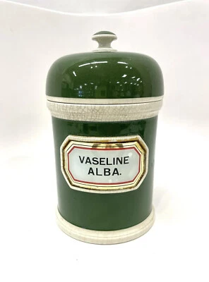 $10 • Buy French Green Ceramic Apothecary Jar 8.25  Tall “VASELINE ALBA.”