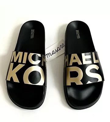 Women Michael Kors MK Gilmore Slide Slip On Sandals PU Black/Gold  • $55.99