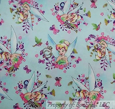 BonEful FABRIC FQ Cotton Quilt Blue TINKERBELL Disney Flower Fairy Princess Girl • $6.84