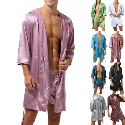 Men Satin Silk Pajamas Kimono Bathrobe Robe Dressing Gown Sleepwear Loungewear • £20.82