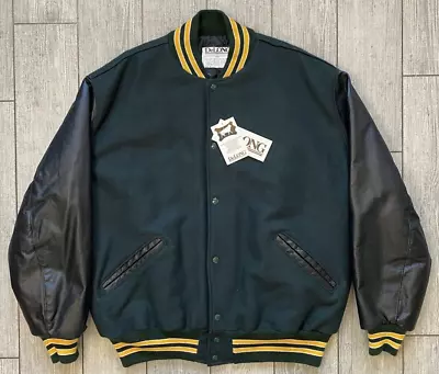 VINTAGE DeLong Varsity Jacket Adult 2XL XXL Green Black Wool Leather Letterman • $150