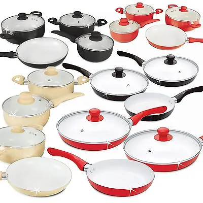 5/7 Pc Ceramic Saucepan Pot Glass Lid Cookware Set Fry Pan Frying Non Stick • £36.95