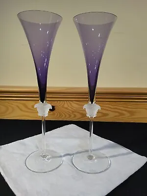 Pair Rosenthal Versace Purple Amethyst Champagne Flutes Glasses Medusa Lumiere • $449.99