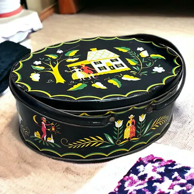 Vintage Amish Black Metal Oval Picnic Sew Basket With Handles Dutch Folk Art Tin • $14.75