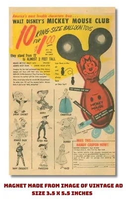 Magnet Mickey Mouse  King Size Balloons 3.5 X 5.5 Made From Old Vintage 1957 Ad • $6.95