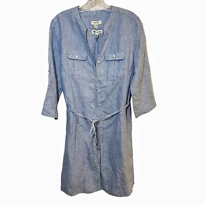 Malvin I Love Linen Blue Roll Tab Sleeve Button Front Shirt Dress Womens Sz L • $33.15