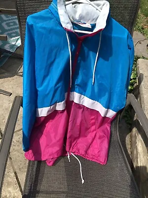 Vintage 1988 Womens K-Way Avocado Blue & Pink Fluorescent Windbreaker Sz Medium • $19.99