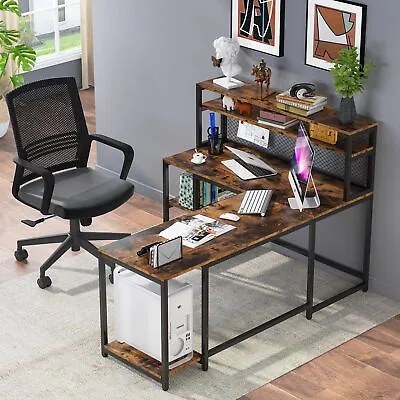 L Shaped Desk With Hutch Storage Shelf Rustic Computer Desk Study Writing Table • $160.07