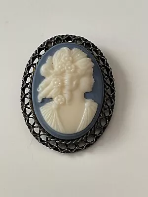 Vintage Cameo Brooch Blue Woven Silver Tone Very Nice • $11.95