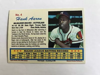 Hank Aaron - 1957 MVP Season  - Braves -1962 Post Cereal Replica - RARE! • $5.99