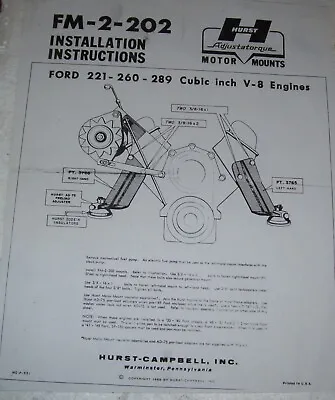 Hurst Instructions To Put Ford-  221 260 289   Motors In Other Chassis • $8