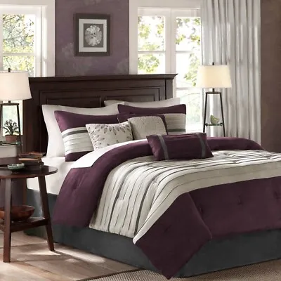 Modern 7pc Plum Purple & Grey Microsuede Comforter Set AND Decorative Pillows • $151.99