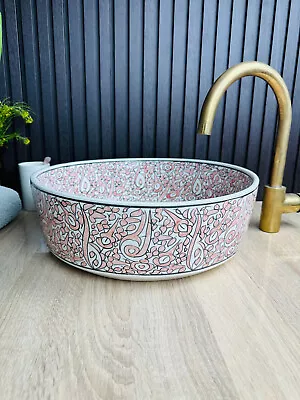 Pink Floral Design Bathroom Vessel Sink Hand-painted Artisan Sink Washbassin • $205