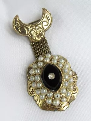 Antique Etched Gold Filled Metal Onyx Seed Pearl Mourning Dangling Brooch Pin • $22.95