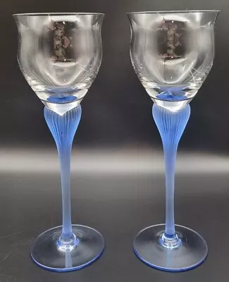 Set Of 2 Mikasa Sea Mist Sapphire Blue Frosted Stem Crystal Wine Glasses • $20