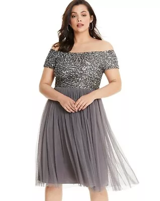 Maya Curve Deluxe Off Shoulder Sequin Net Cocktail Dress 18 Wedding Cruise • £9.99