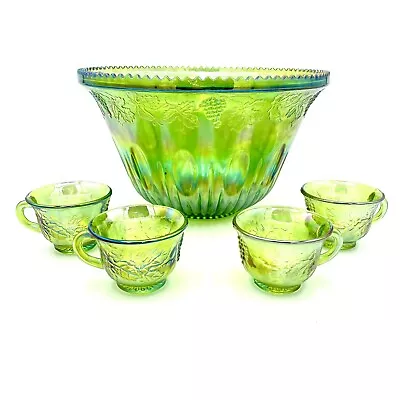 Vintage Indiana Green Carnival Glass Grape Punch Bowl Set 4 Cups Iridescent • $49.99