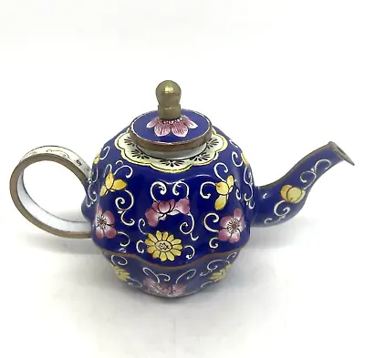 VTG Kelvin Chen Enamel Copper Miniature Teapot 638 Blue Chinoiserie Floral • $39.79