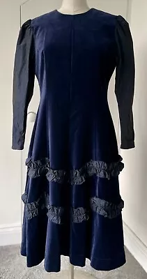 Vintage Navy Blue Velvet Taffeta Ruffle Frill Prom Evening Dress Retro 80s 90s • £35