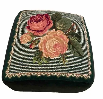 Vintage Needlepoint Footstool Small Ottoman Pink Rose  • $85