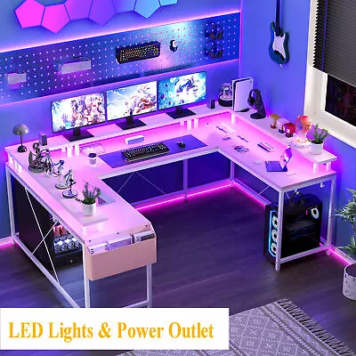 U Shaped Gaming Desk With LED Lights&Power Outlets Computer Desk For Home Office • $173.69