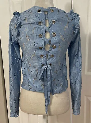 NEW HM DIVIDED Woman’s Lace Tie Back Ruffle Blouse Top Shirt Blue Sz 2 • $12.99