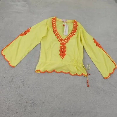 Monique Leshman Top Women Large Yellow Orange Beaded Boho Peasant Festival Shirt • $44.85