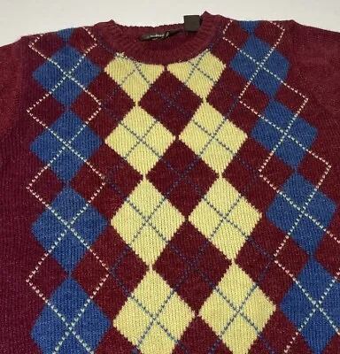 VINTAGE Sweater Mens Small Maroon Argyle Knit Pullover Crewneck Retro • $19.99