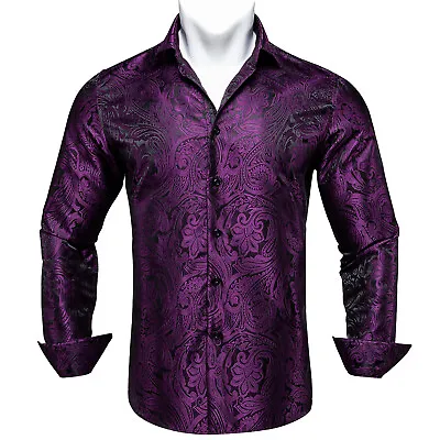 Mens Dress Silk Shirt Long Sleeve Blue Paisley Casual Button Down Shirts Men Top • £19.99