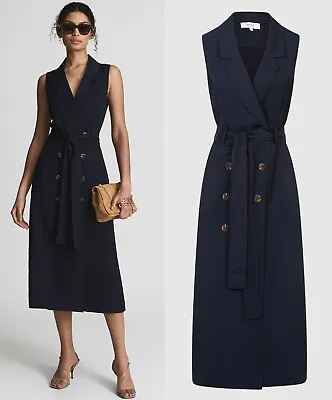 REISS Mariah Linen Belted Button Midi Women's Shirt Dress In Navy Blue NEW • £64.99