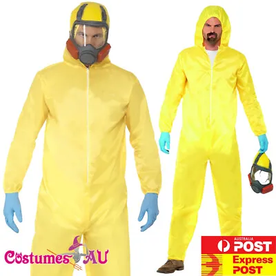 Mens Breaking Bad Costume Hazmat Suit Halloween Lab Walter Yellow Jumpsuit Mask • $45.59